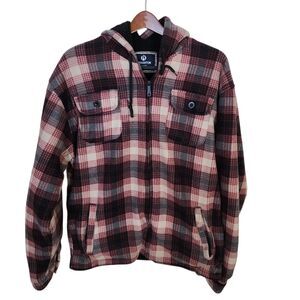 Leehanton Plaid Hooded Flannel Jacket Zip Up Sherpa Lined Red Black Men's 2XL